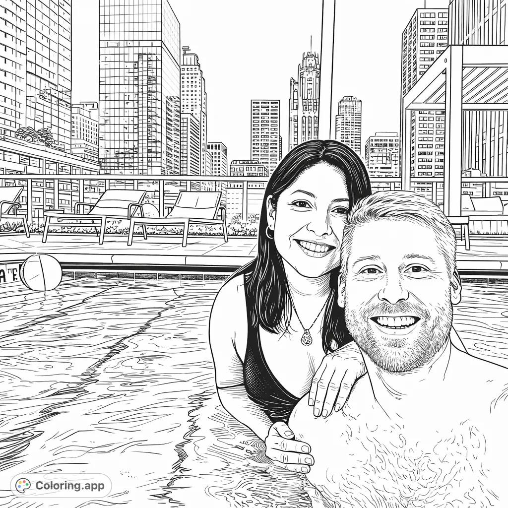 A couple enjoys a stunning rooftop pool overlooking a detailed city skyline. Relax and bring this sophisticated urban oasis to life with your chosen colors.