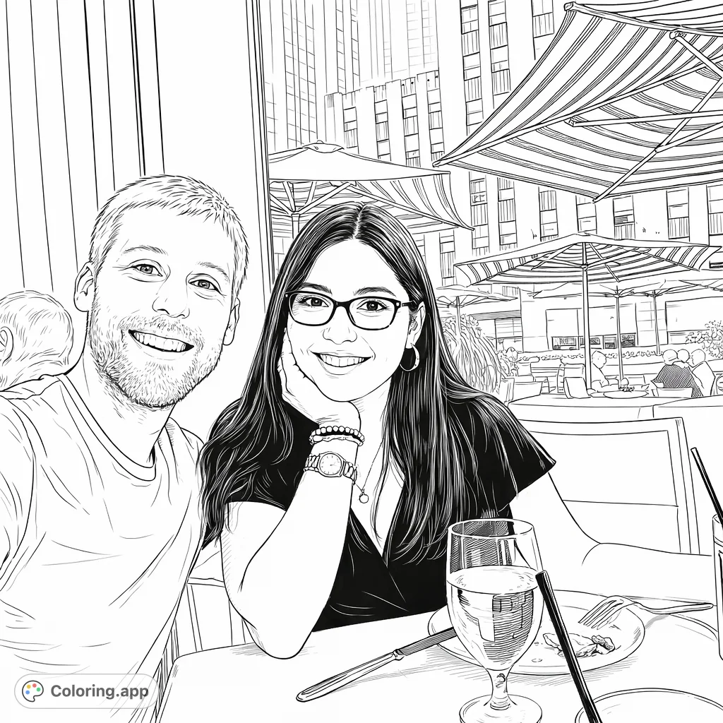 A realistic coloring page depicting a smiling couple enjoying a meal at a cafe, with city buildings and striped umbrellas in the background. Free printable.