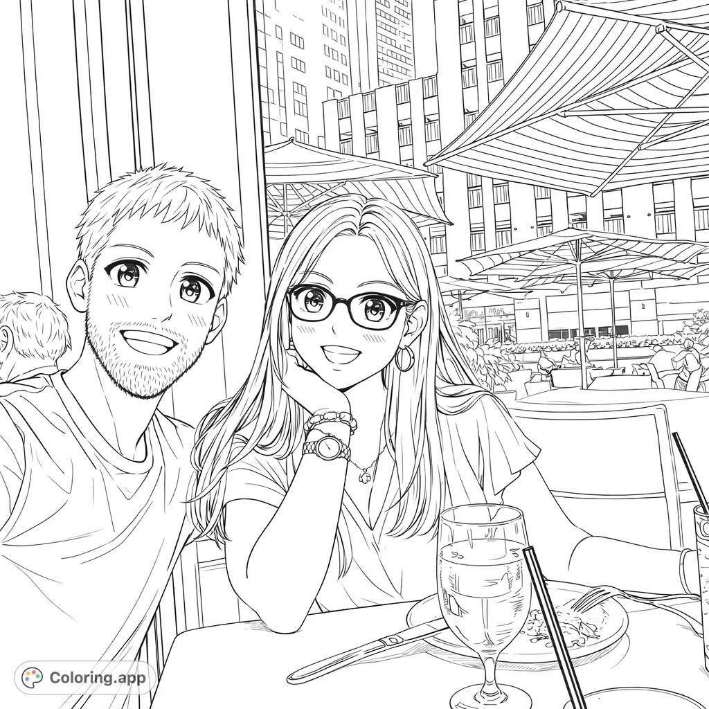 A cheerful couple enjoys a meal, with a bustling cityscape patio visible through a large window. A charming and detailed scene for any colorist.