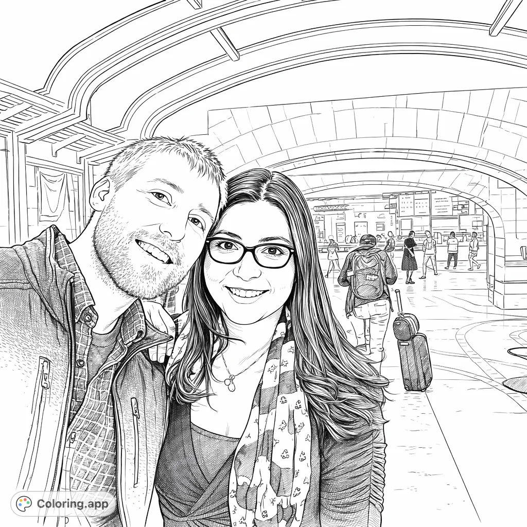 A cheerful couple poses for a photo in a grand hall with arched ceilings and distant travelers, offering intricate architectural details for a realistic coloring page experience.
