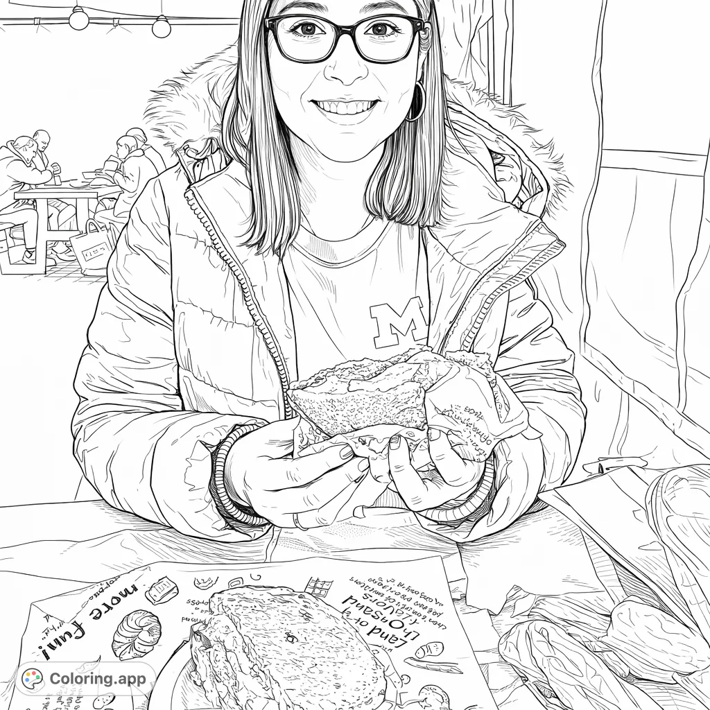 A realistic coloring page featuring a smiling person enjoying a hearty sandwich in a casual setting, perfect for food enthusiasts and portrait colorists.