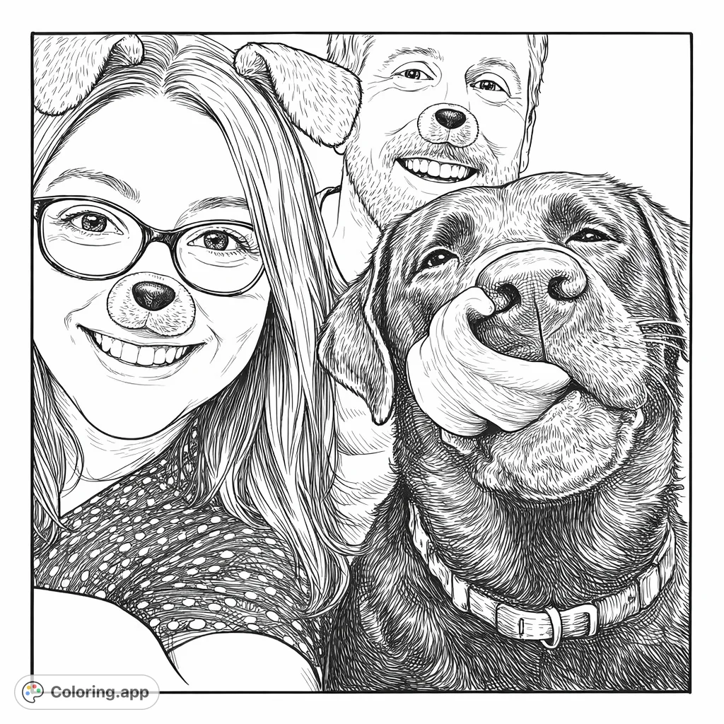 A heartwarming family portrait with a playful dog and fun animal filters. Perfect for a cozy coloring session, celebrating joy and companionship.