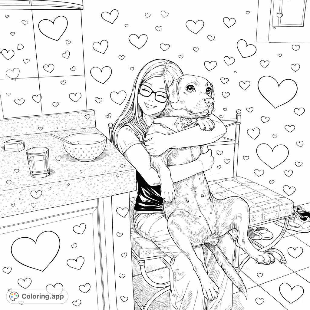 Heartwarming anime-style coloring page of a woman hugging her beloved dog, surrounded by playful heart patterns. Free printable, perfect for pet lovers!