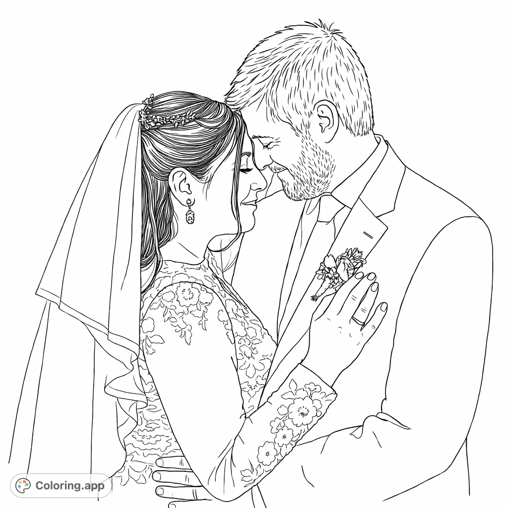 Celebrate love with this romantic wedding couple embrace coloring page. Features intricate lace and a beautiful bridal veil, perfect for serene coloring.