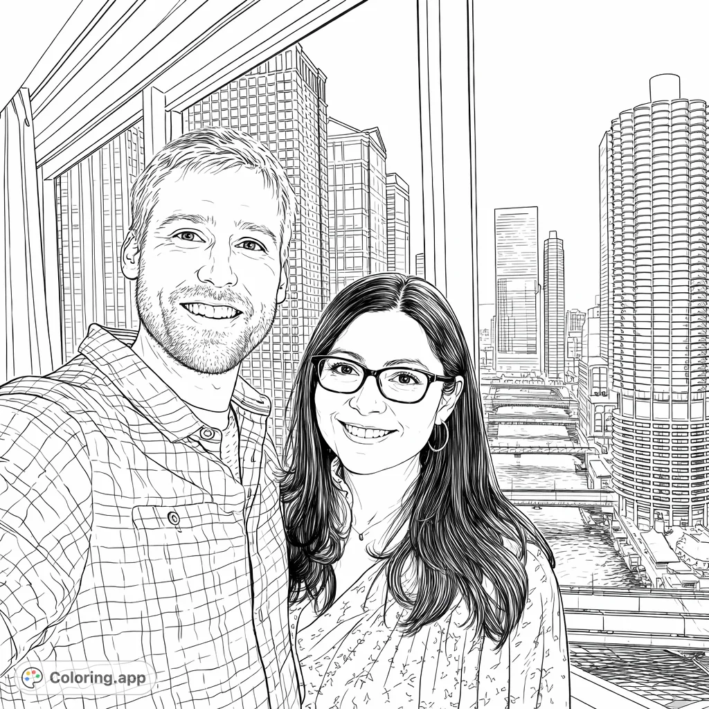 A realistic cityscape coloring page featuring a couple smiling in front of a dramatic urban skyline with towering buildings and winding river, perfect for adults.