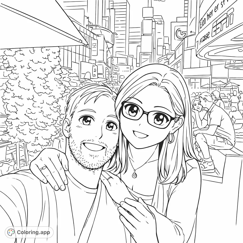 A heartwarming free printable urban couple's night out coloring page, featuring two smiling individuals amidst a lively city backdrop. Perfect for teens and adults.