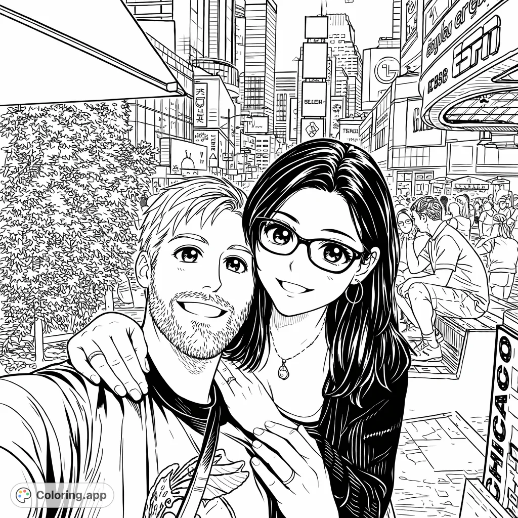 A joyful couple smiles in a bustling anime-inspired city at night, surrounded by towering buildings and dynamic digital displays. A detailed and engaging scene.