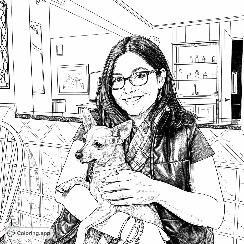 A heartwarming scene of a smiling woman embracing her small, affectionate dog. Perfect for dog lovers and those seeking a cozy, realistic coloring experience.