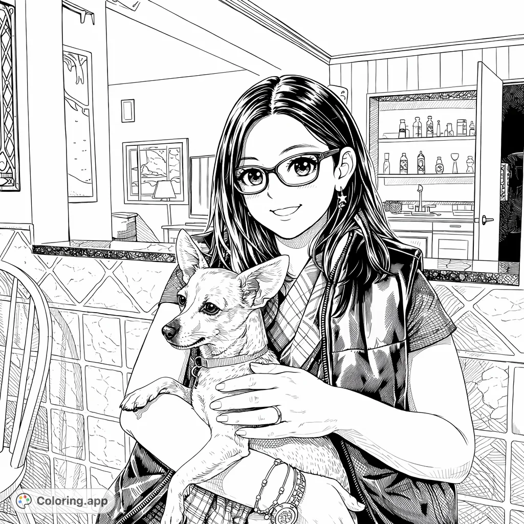 An intricate anime-inspired coloring page featuring a smiling woman holding her small dog. Discover complex patterns in her attire and the detailed room.