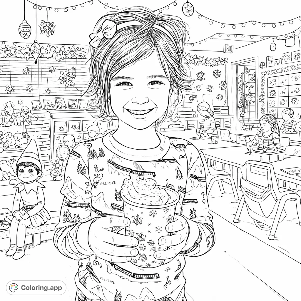 A cheerful child holds a festive cup, surrounded by a lively classroom scene with friends and holiday decor, ready for creative coloring fun.