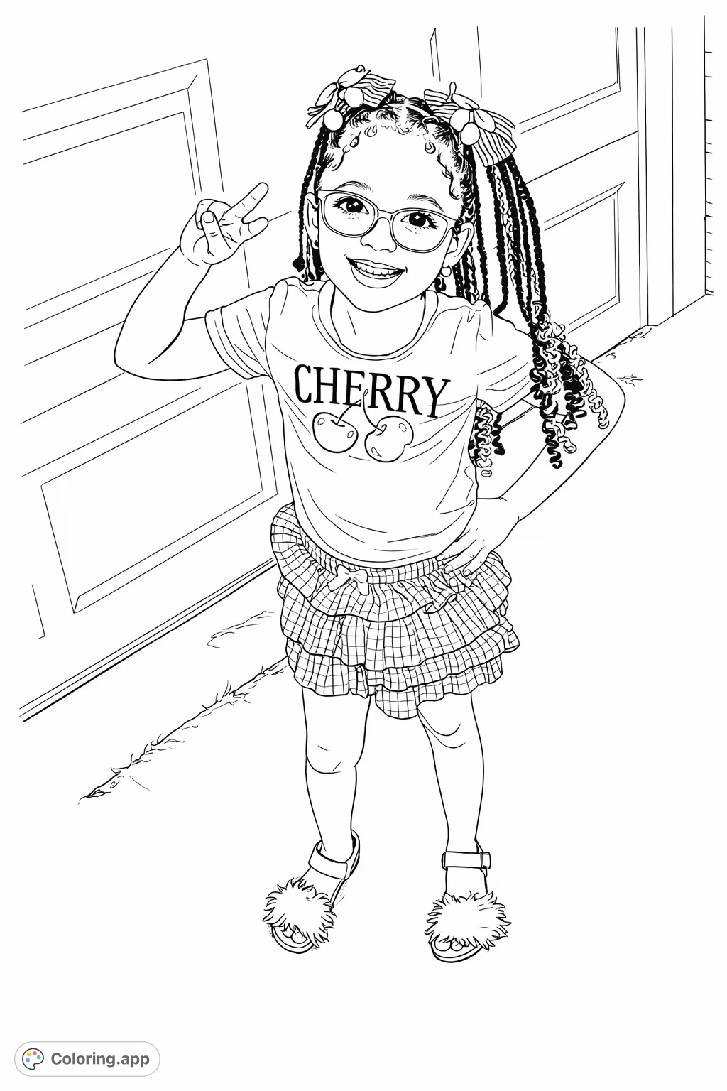 Capture the charm of a young girl in a cherry-themed outfit, smiling brightly. A fun, detailed page perfect for imaginative coloring and skill development.