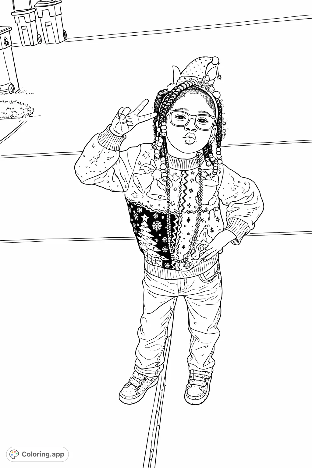 A charming child in a detailed holiday sweater and elf-like hat strikes a fun pose. Perfect for festive coloring fun and celebrating the season!