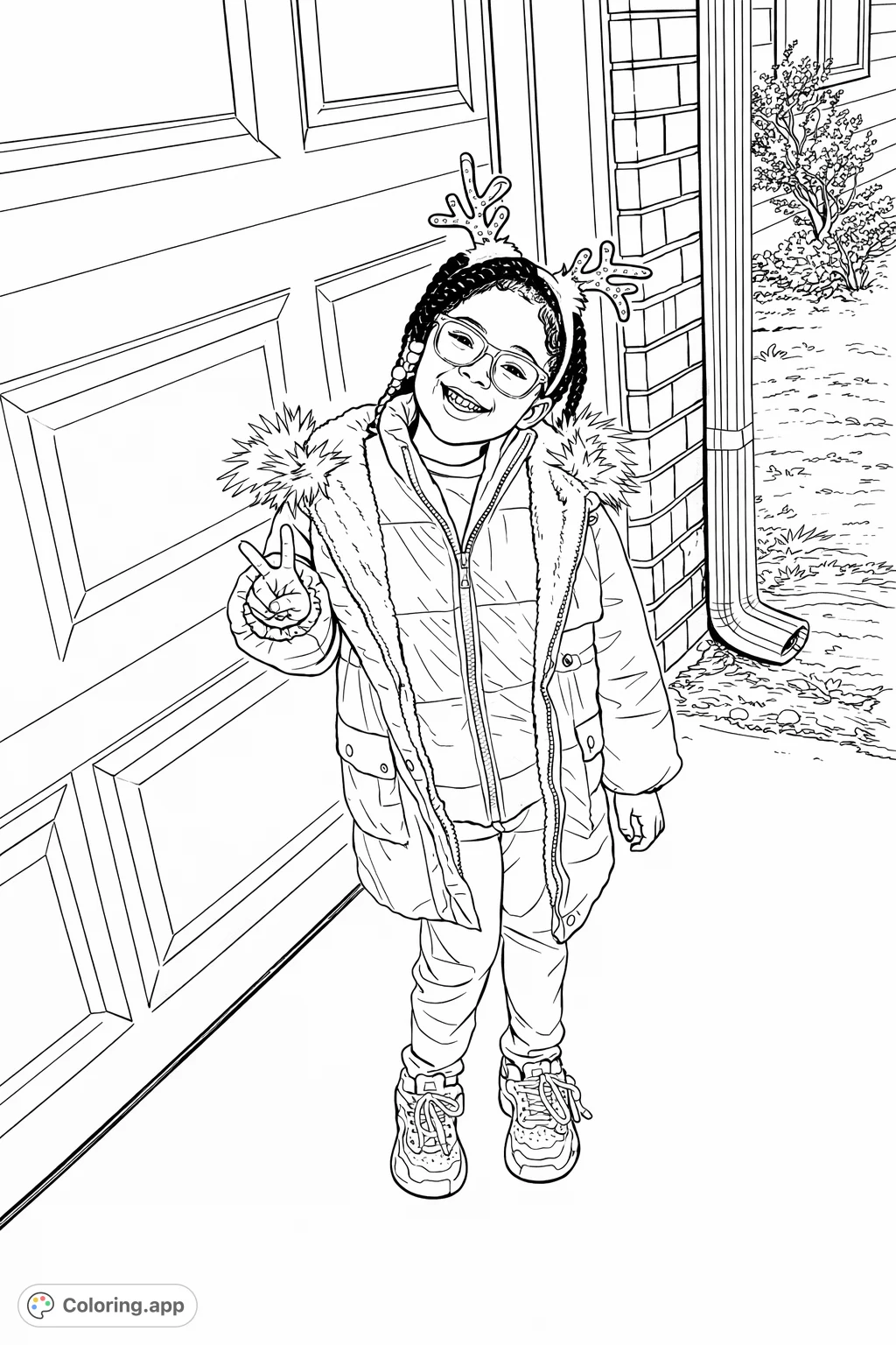 A delightful coloring page featuring a smiling child wearing a cozy jacket and fun antler headband, making a peace sign. Perfect for seasonal cheer!