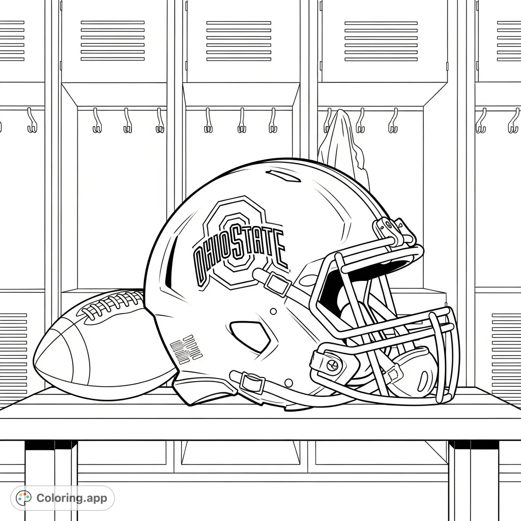 Color this Ohio State Buckeyes football helmet, complete with team logo and stripe, set against a locker room backdrop with a football. Perfect for fans!