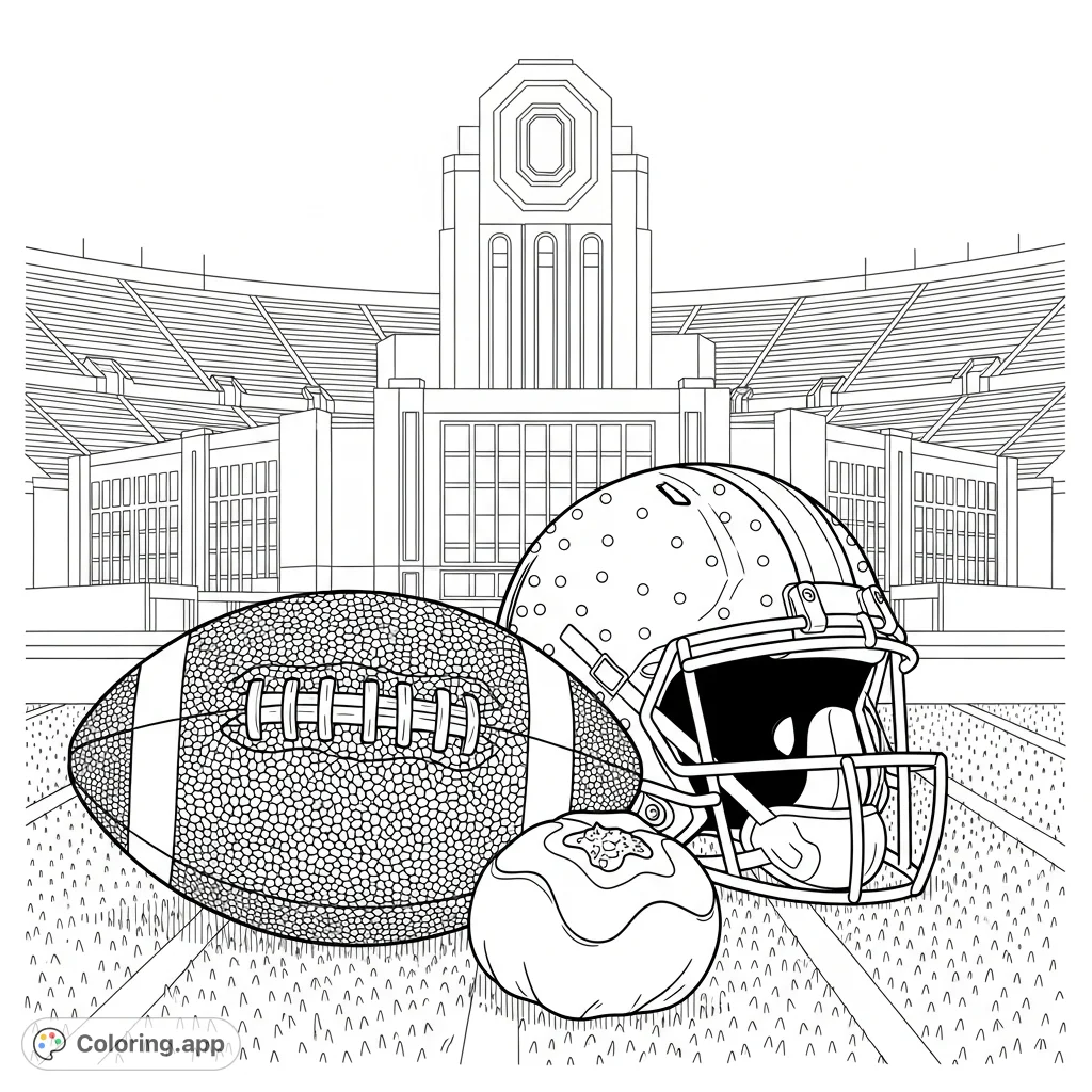 Dive into Ohio State Buckeyes football with this free printable coloring page. Features a football, buckeye, helmet, and 'The Shoe' stadium.