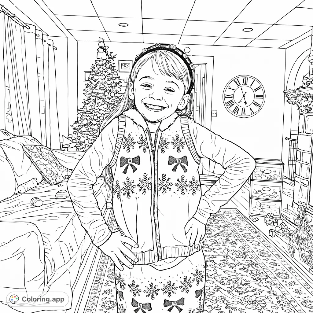 Capture the joy of the holidays with this cheerful girl in her festive patterned outfit. Perfect for a cozy winter coloring page experience!
