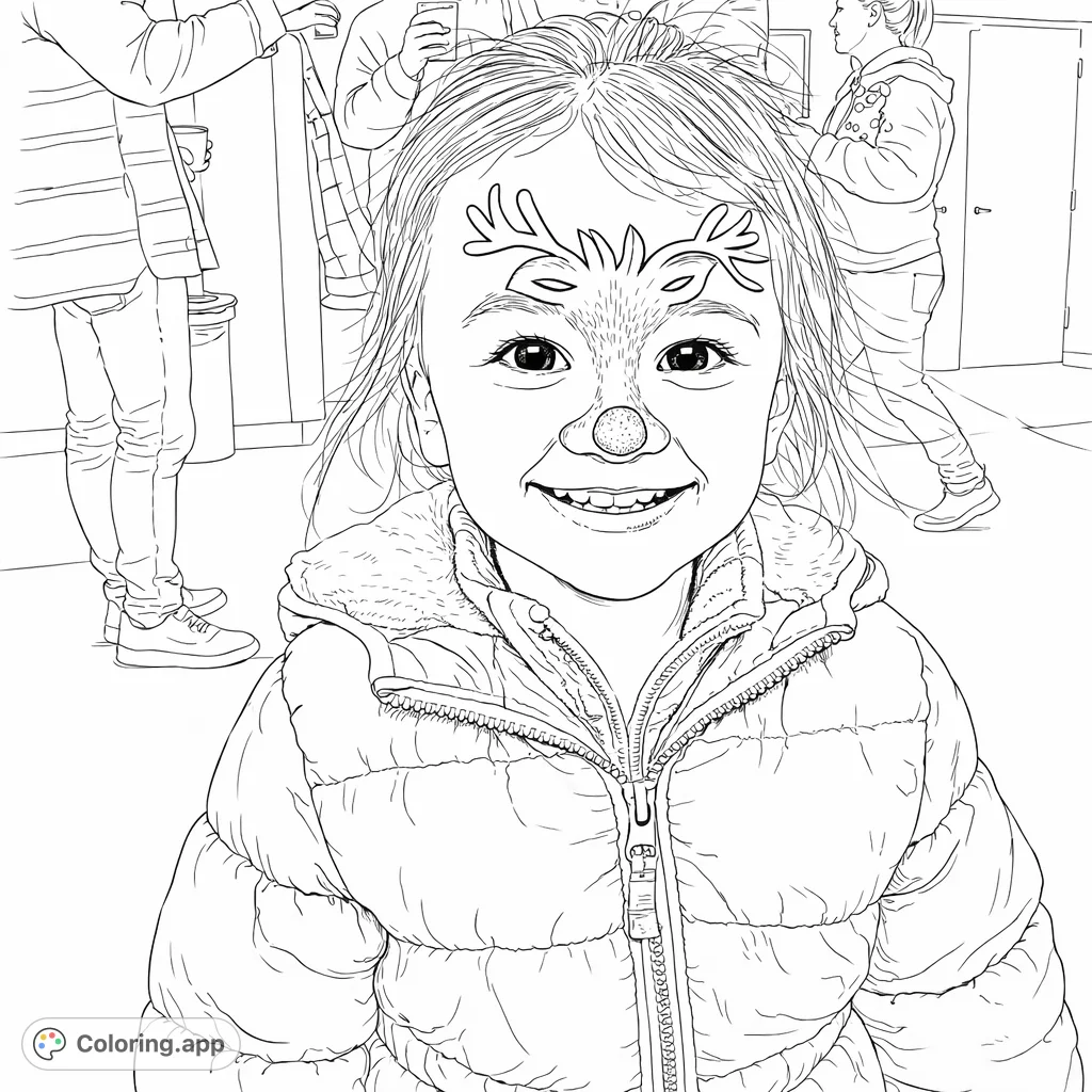 A delightful coloring page featuring a smiling child with playful reindeer face paint and a padded jacket, perfect for festive coloring fun.