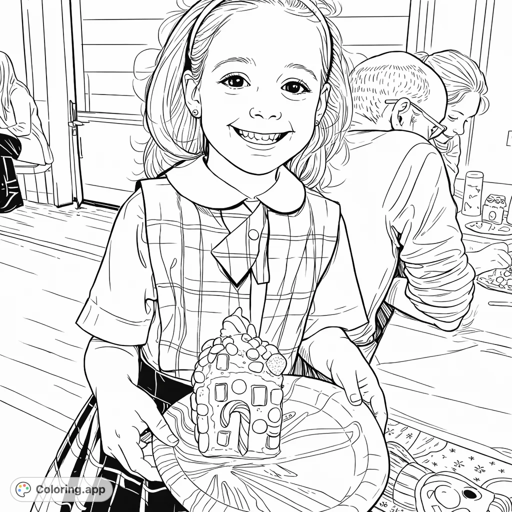 A joyful girl proudly displays her whimsically decorated miniature house, adorned with various candies and frosting, set against a cheerful backdrop.