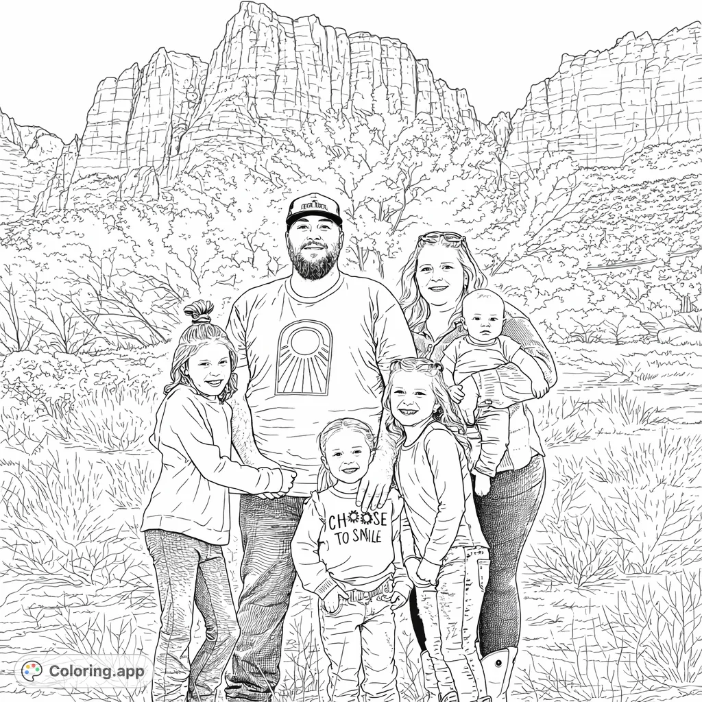 Capture cherished memories with this free printable family portrait coloring page. Featuring a joyful family of six against majestic mountains and a natural landscape.