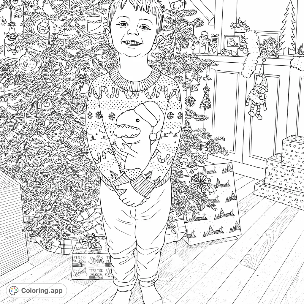 Color a cheerful child in a dinosaur Christmas sweater, surrounded by a festive tree and presents. A joyful holiday scene perfect for family fun!