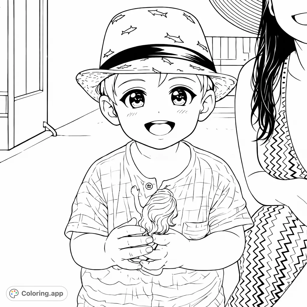 Anime-inspired child with a charming smile, wearing a patterned hat and holding a doll, ready for imaginative coloring fun. A free printable character coloring page!
