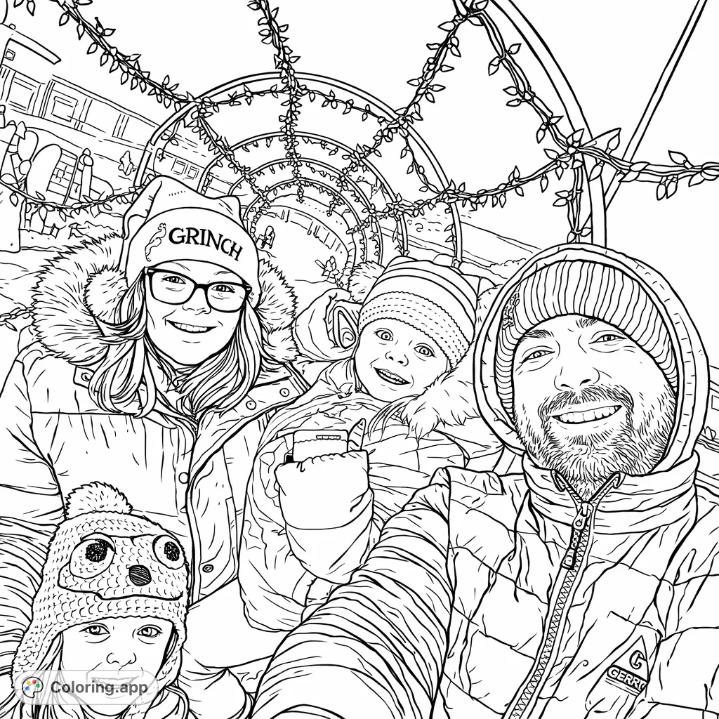 A joyful family poses in a dazzling light tunnel, wearing cozy winter gear and festive hats, perfect for a heartwarming holiday coloring experience.