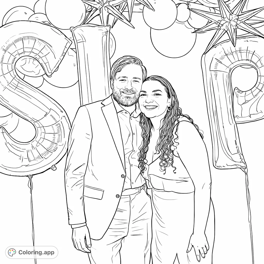 Capture the joy of a celebratory moment with this festive couple portrait coloring page, featuring two smiling individuals amidst fun inflated decorations.