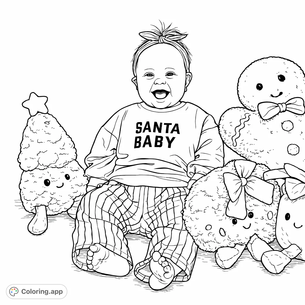 Capture the heartwarming joy of a baby surrounded by festive plush toys. This holiday baby coloring page features a happy infant with fun Christmas companions.