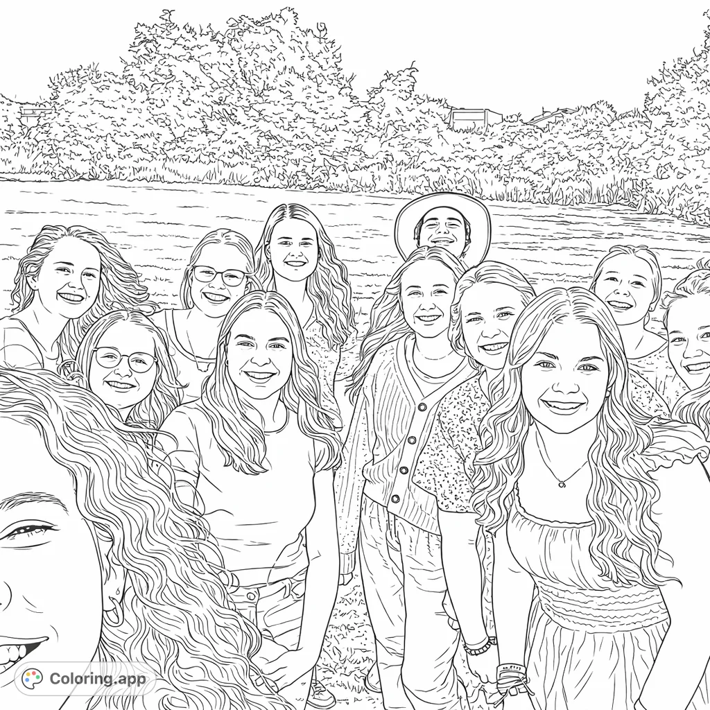 A joyful gathering of young friends smiling outdoors in a grassy field, with dense foliage in the background, perfect for a cheerful coloring experience.