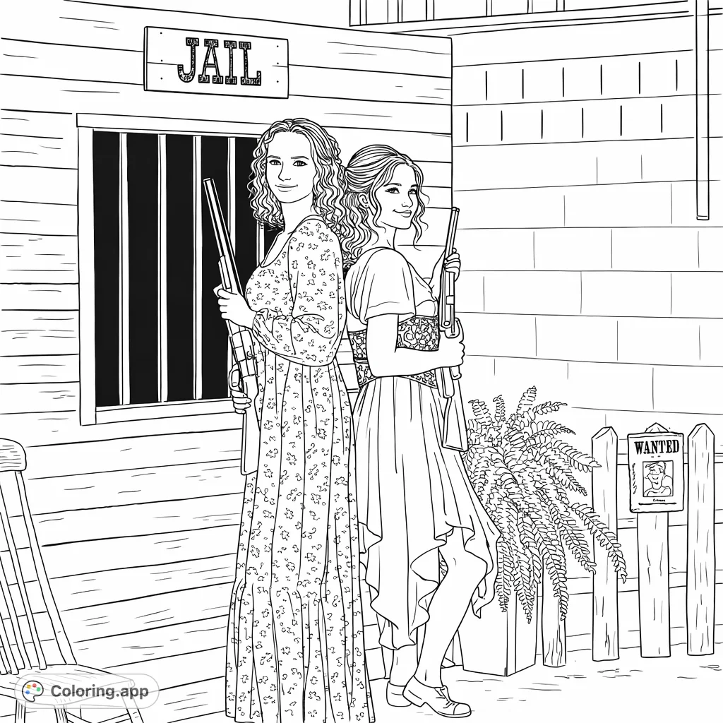 A compelling Wild West scene featuring two young women, rifles in hand, standing back-to-back against a rustic jail and a wanted poster. Perfect for Western theme enthusiasts.
