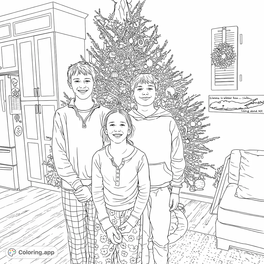 Capture the joy of the holiday season with this festive family tree coloring page. Features three children smiling brightly in front of a richly adorned tree.