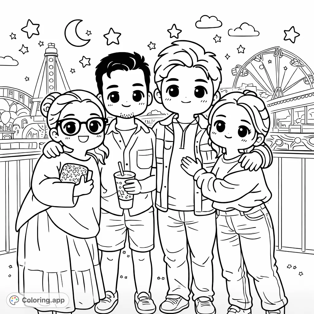 Join these adorable chibi friends at a star-studded carnival! A cute, simple coloring page featuring smiling characters and fun fairground rides, perfect for all ages.