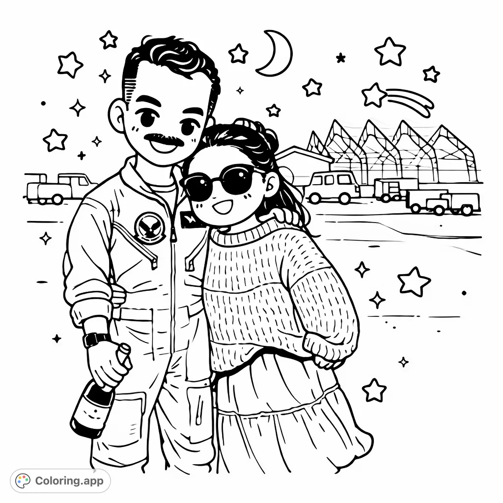 A cute, chibi-style military aviation couple shares a celebratory moment under a starry sky. A free printable coloring page for all ages, perfect for expressing joy!