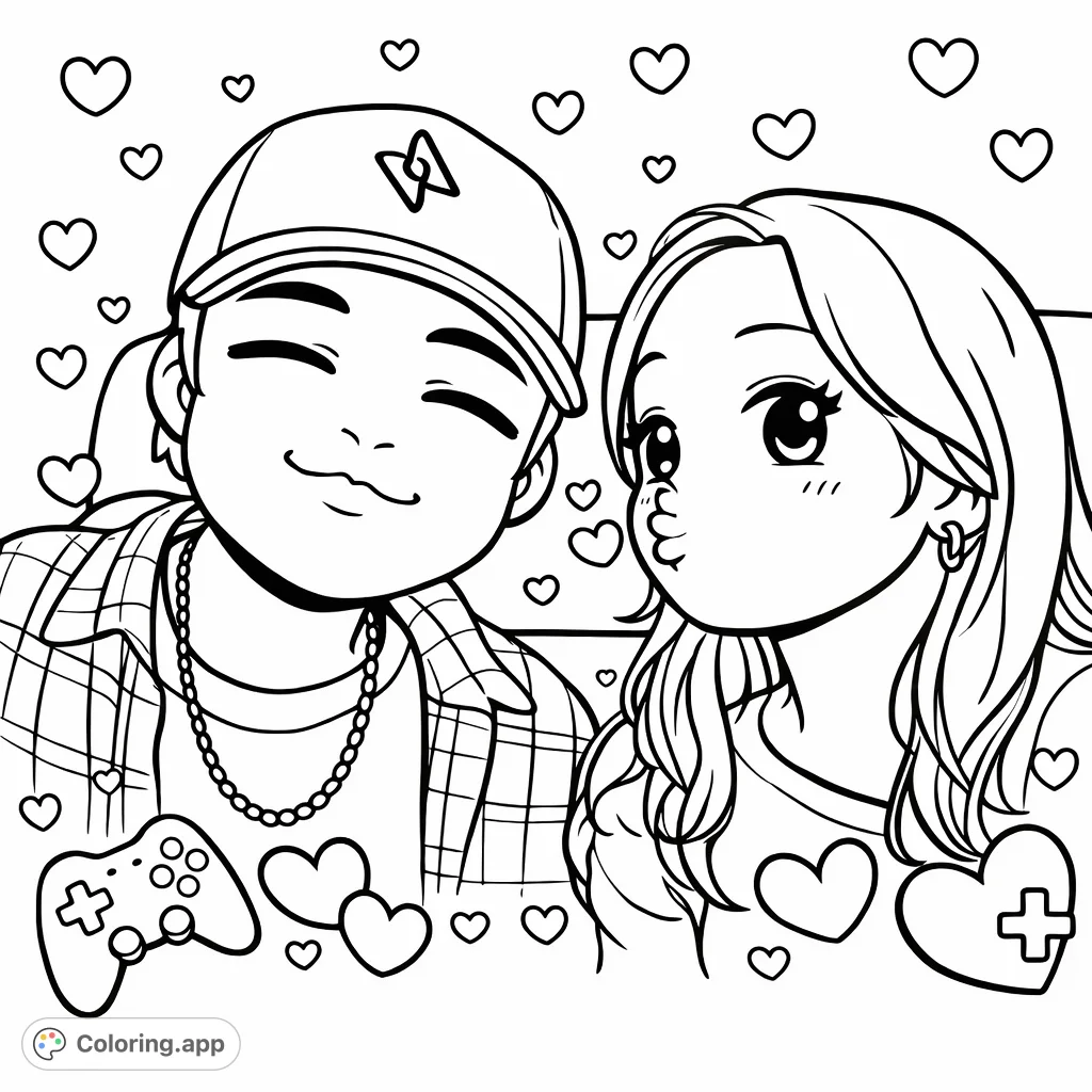 Celebrate love with this adorable chibi couple. Featuring decorative hearts and video game icons, this simple coloring page is perfect for all ages.