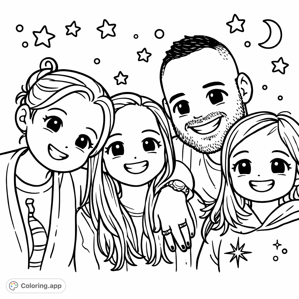 A cute chibi family coloring page with two adults and two children smiling, adorned with playful stars and celestial elements. A free printable activity for all ages.