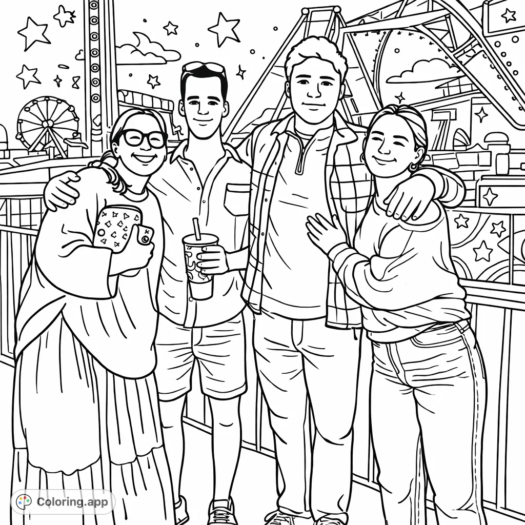 A fun fairground scene with four friends posing happily among thrilling rides and festive attractions. Enjoy coloring this cheerful, cartoony adventure!
