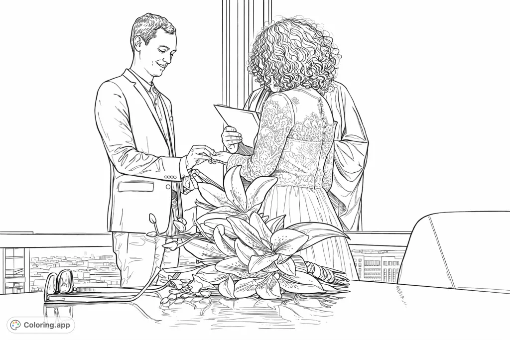 Capture a heartfelt wedding ceremony with a couple exchanging rings against a cityscape backdrop. Features intricate floral arrangements and celebratory details for a memorable coloring experience.