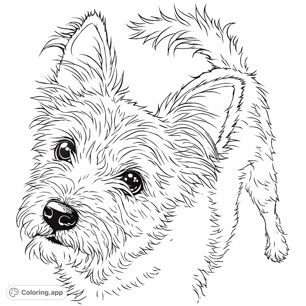 A charming shaggy terrier with expressive eyes and alert ears, captured in a delightful upward gaze. A simple, endearing dog coloring page.