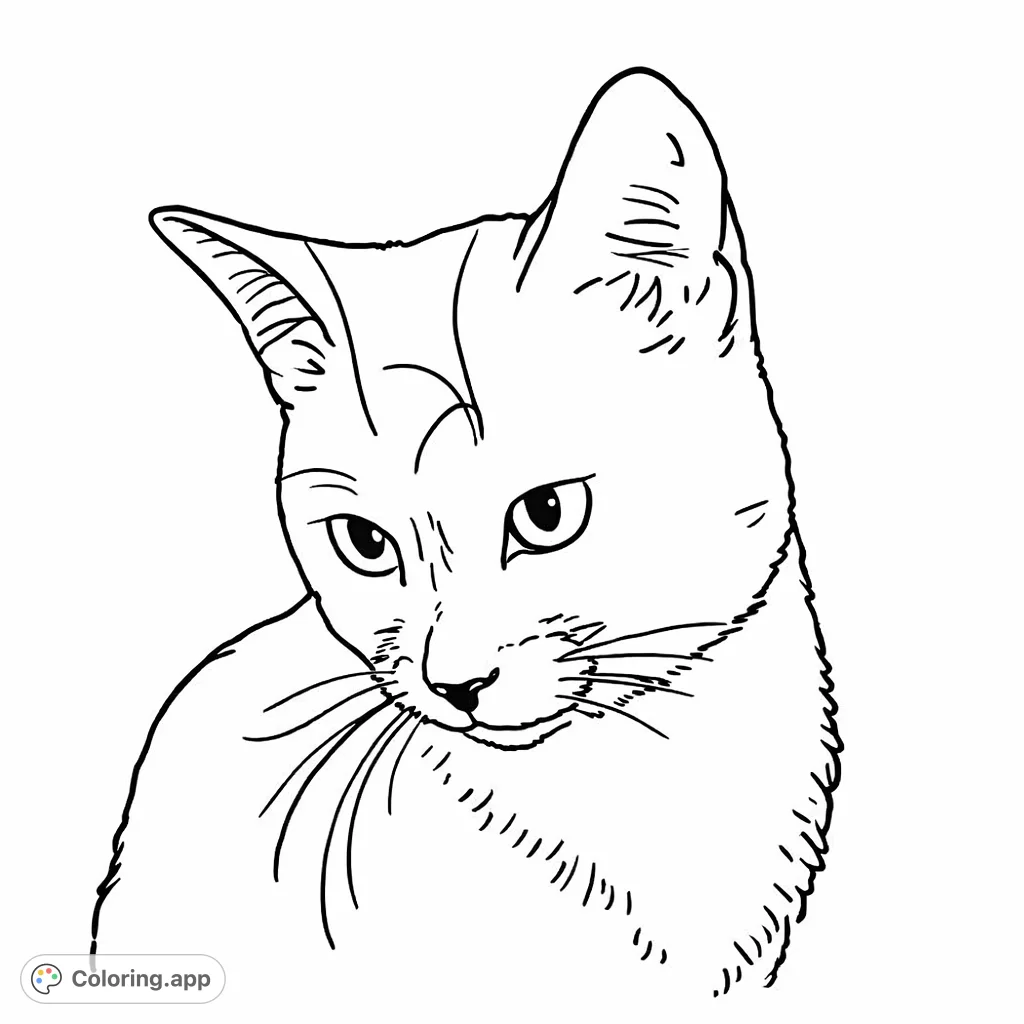A charming cat coloring page featuring a domestic feline with a distinctive facial pattern and expressive eyes. Perfect for cat lovers to personalize.
