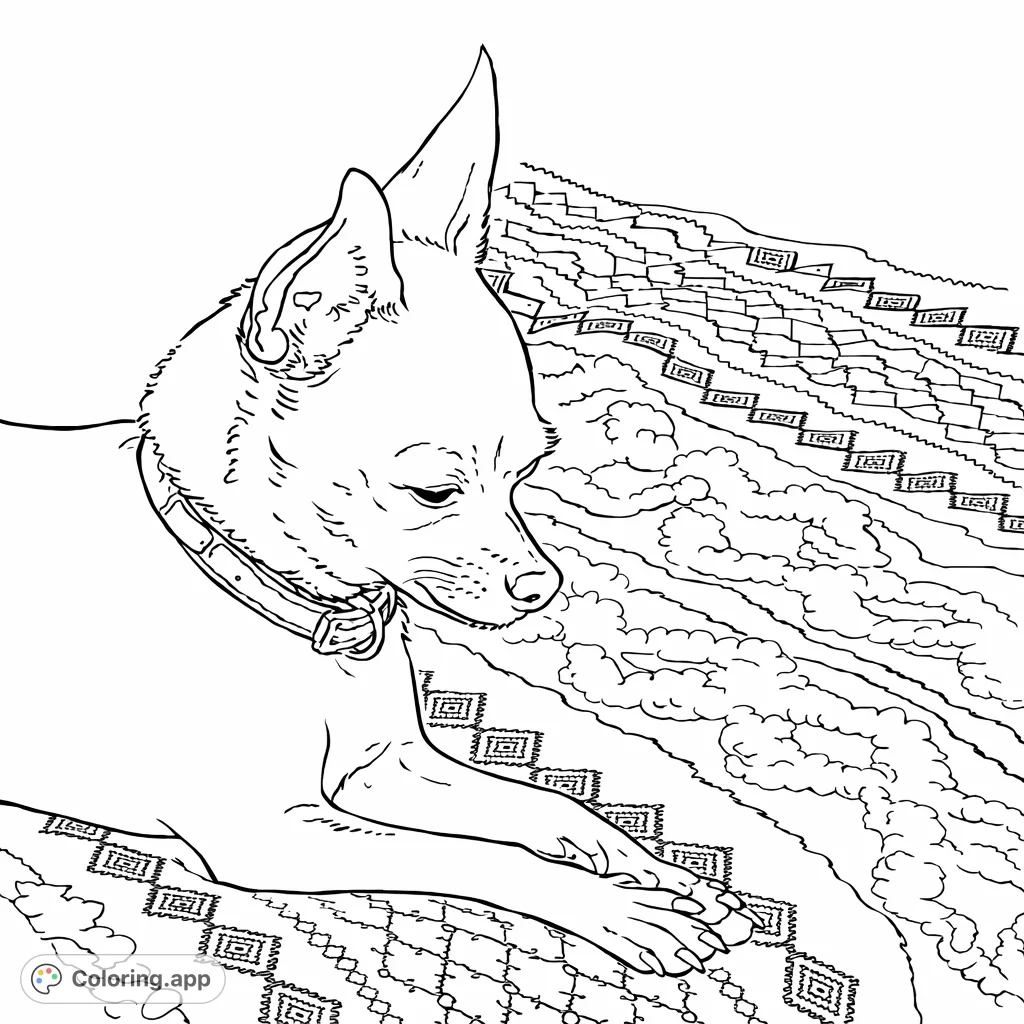 Capture the tranquility of a small chihuahua resting on a patterned blanket. A simple and heartwarming free printable dog coloring page, perfect for all ages.