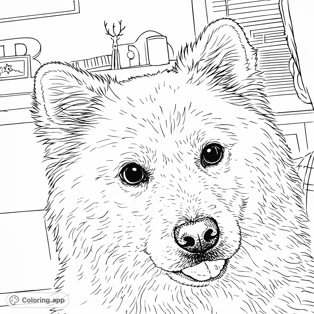 A charming fluffy dog portrait with a playful tongue out, perfect for animal lovers. This free printable pet coloring page offers moderate detail and delightful features.