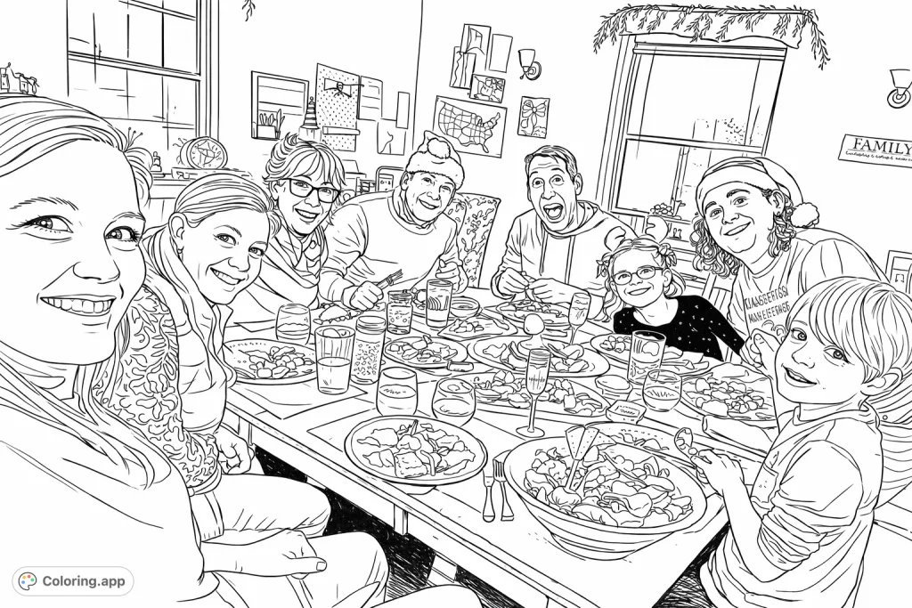 A joyous festive family dinner scene with smiling faces, celebratory headwear, and a table full of dishes. Perfect for all ages to personalize.