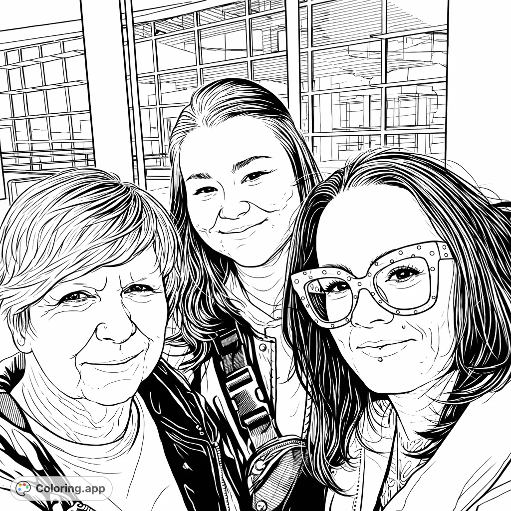 Capture a heartwarming moment with three smiling individuals in a modern setting. Features unique polka dot glasses and detailed architectural background.