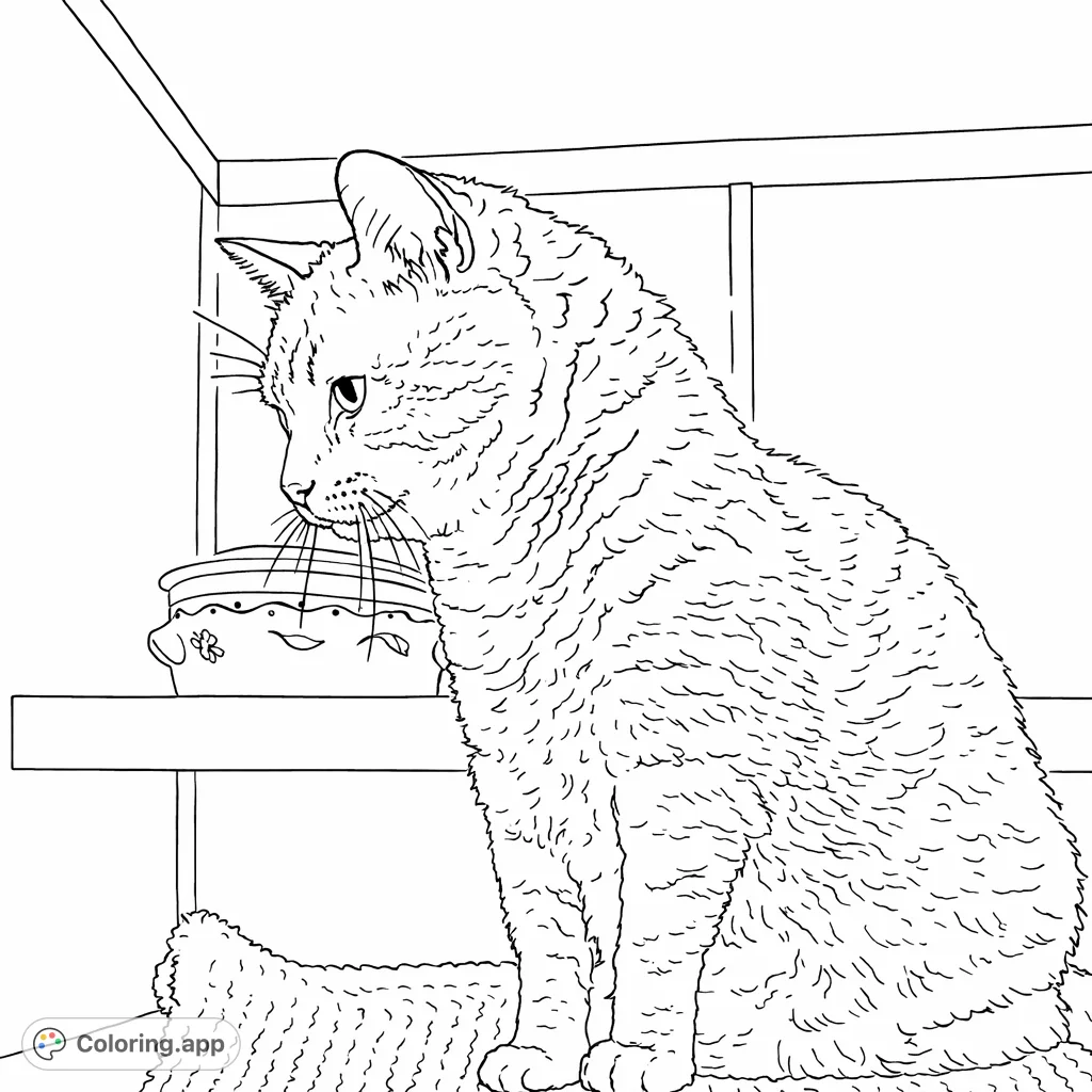 A delightful cat perched on a shelf, looking intently at something below. This simple cat coloring page is perfect for all ages, offering a relaxing and charming scene.