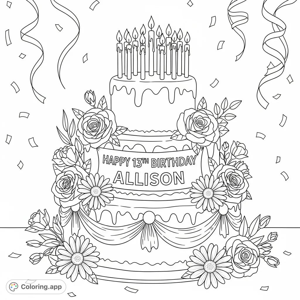 Celebrate Allison's 13th birthday with this festive coloring page featuring a multi-tiered cake, elegant flowers, and personalized text.