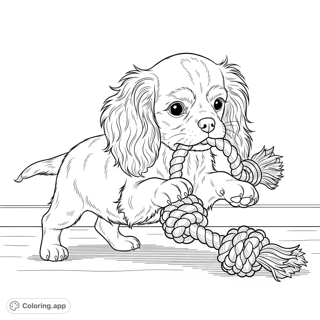 A delightful Cavalier King Charles Spaniel puppy joyfully playing with a textured rope toy. Perfect for dog lovers, a charming puppy coloring page.