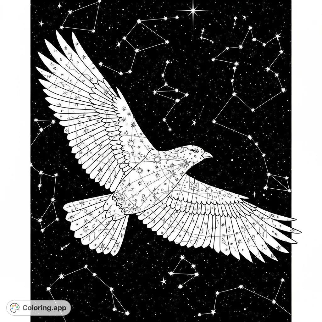 A majestic starry bird gracefully soars through a celestial night sky adorned with twinkling stars and intricate constellations. A cosmic journey awaits your colors!