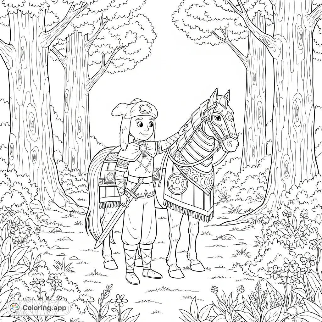 An enchanting Centaur World character lovingly pets an armored horse in a magical forest clearing. A detailed fantasy coloring page for all ages to enjoy.