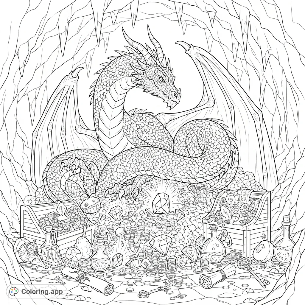 A majestic, realistic dragon fiercely guards its vast hoard of coins, jewels, and magical artifacts in a cavernous lair. A detailed fantasy coloring page.