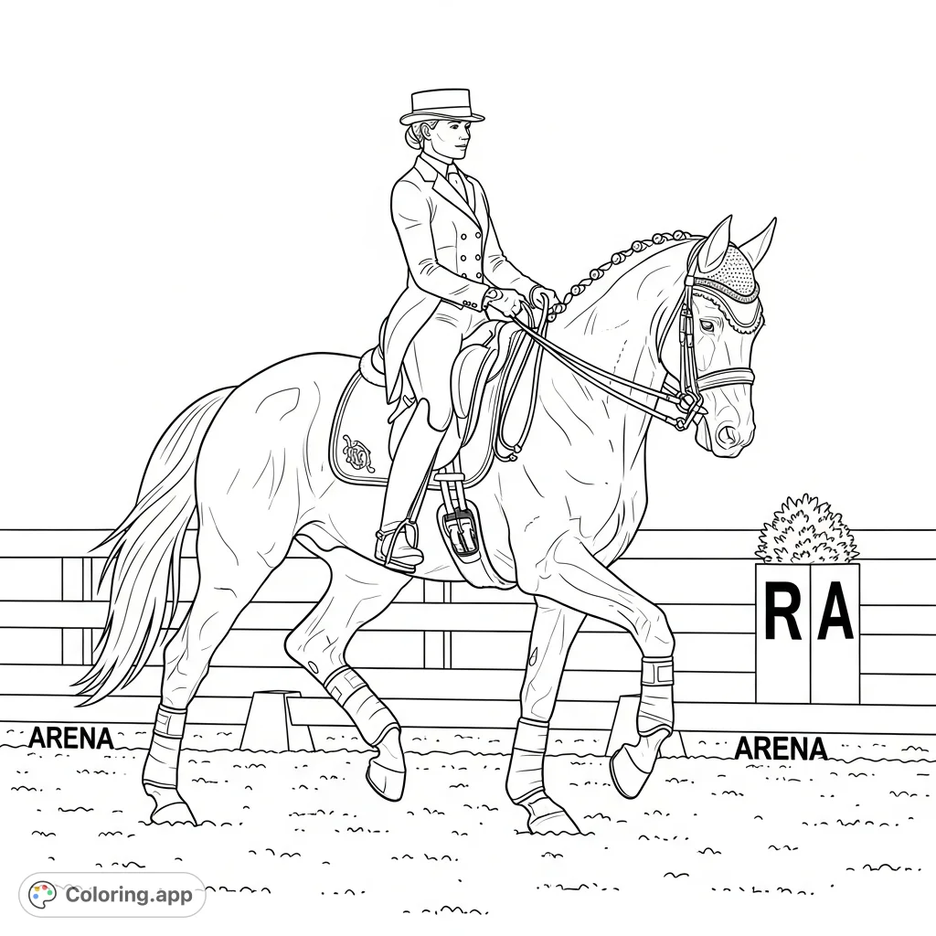 Capture the grace of equestrian sport with this detailed dressage horse coloring page. A rider and horse in a sophisticated trot within an arena.